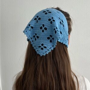 Blue Crochet Head Scarf - Handmade - 100% bamboo